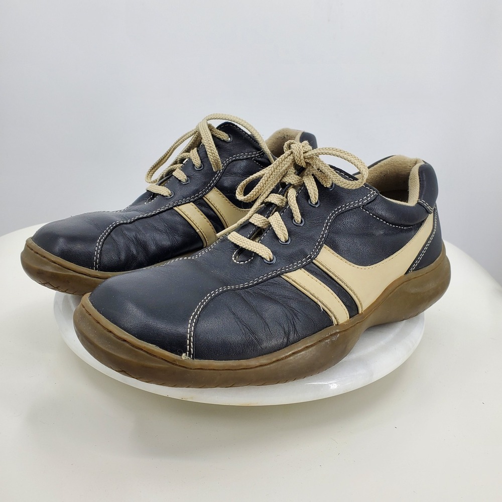 Thom McAn Mens Black Leather Casual Sneakers Tan Stripes 8.5 Y2K Grunge Dadcore